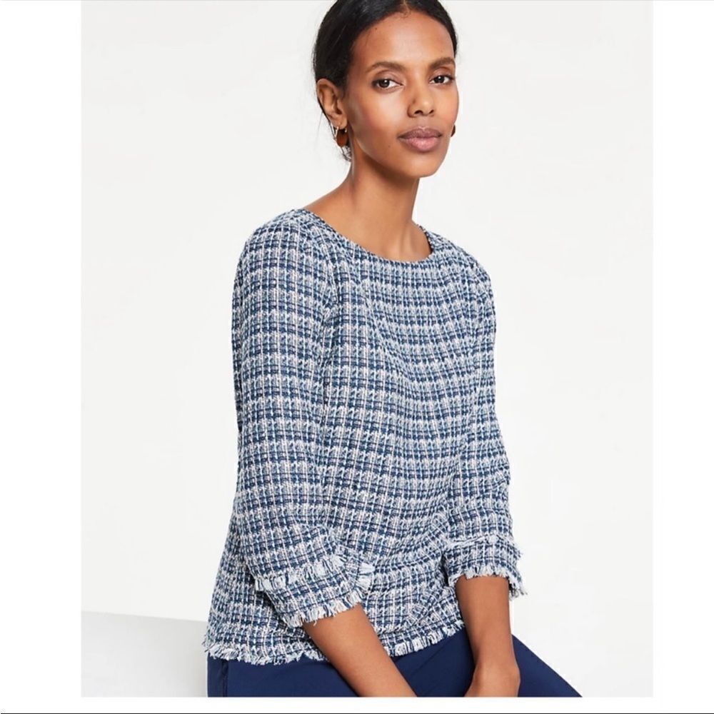 Ann Taylor Tweed Fringe Trim Boatneck Top Shirt Blue White 8 Preppy Nautical